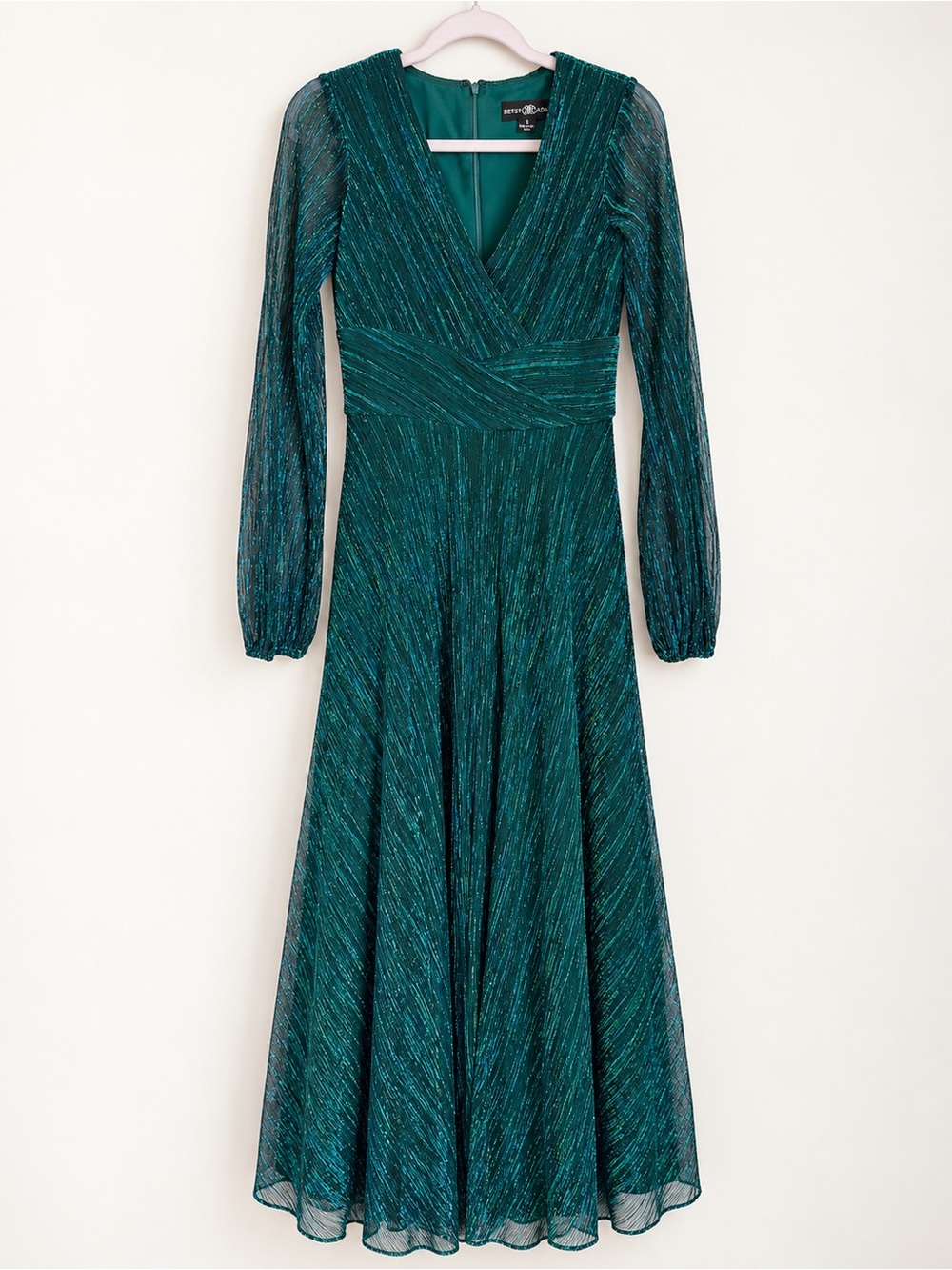 Betsy & Adam Emerald Metallic Long Sleeve Formal Gown Dress Size 6